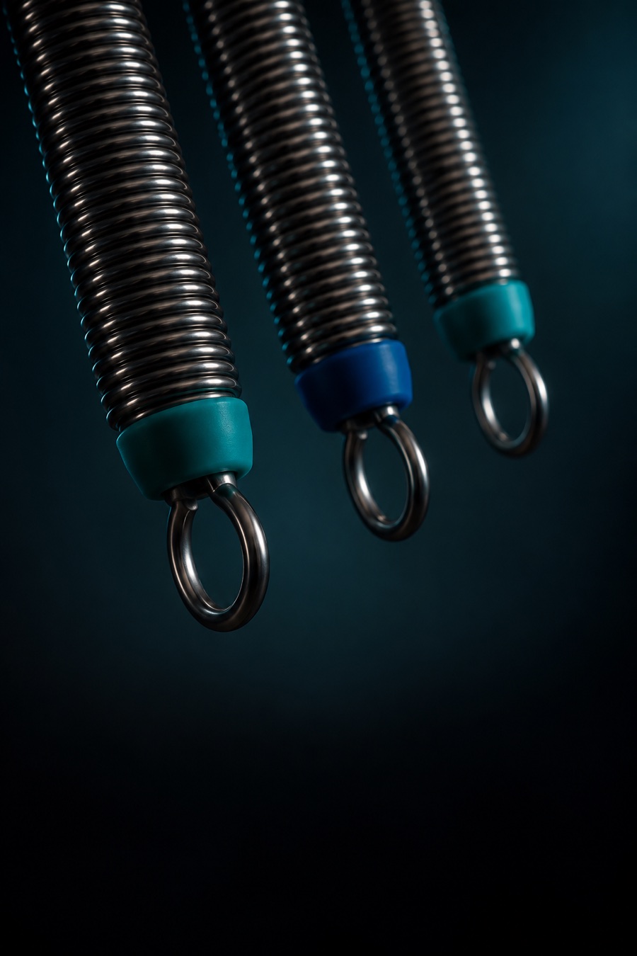 A close, sculptural view of three Pilates reformer springs, lit in blue and teal.